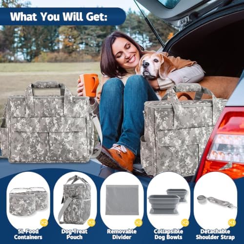 Dog Travel Bag with 2 Food Containers Collapsible Bowls & Feeding Mat,Camo
