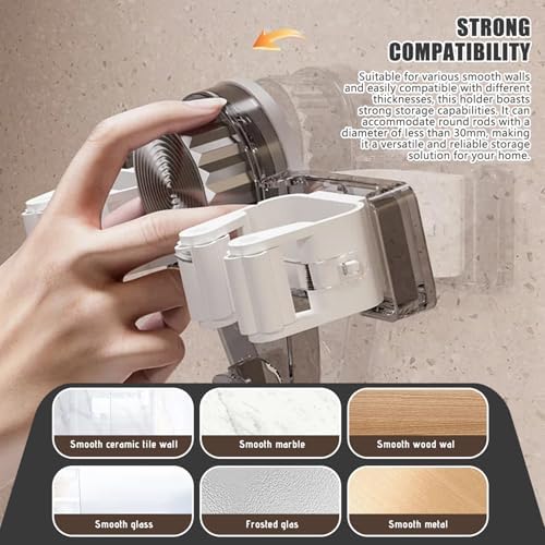 2PCS Suction Cup Broom Holder Wall Mount, No Drill Mop and Broom Organizer with Retractable Towel Rack, Transparent Bathroom Storage, Grey Holder and Mop Wall Mount Hanger Organizer Hangi