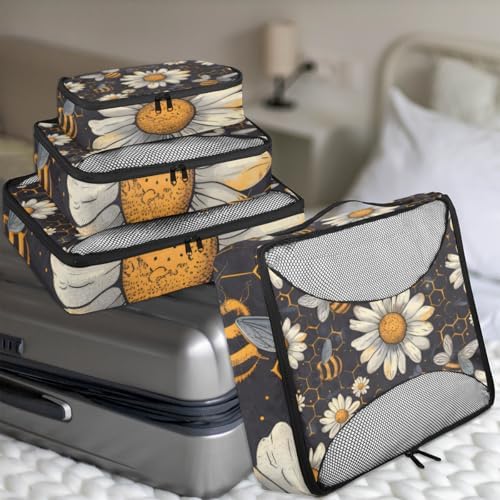Honey Bumble Bee 4 Set Packing Cubes Luggage Organizer Bags for Travel Accessories and Essentials, Daisy Floral Bee