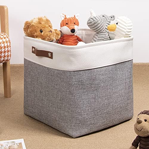 DULLEMELO Large Cube Storage Bin 13x13 Fabric Square Basket for Organizing, 13 inch Storage Cube for Closet, Laundry, Shelves(White&Gray)
