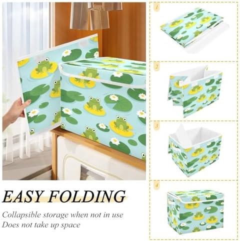 Storage Bins with Lids Frogs on Lily Pads Foldable Storage Boxes with Handles Cute Large Storage Basket Collapsible Organizer Containers for Closet Home Bedroom Office