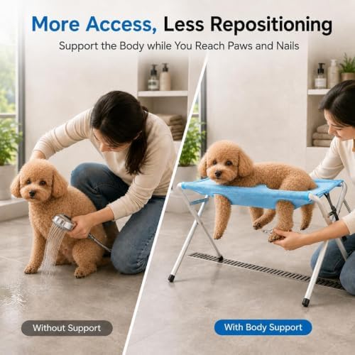 Foldable Pet Bathing Stand, Mesh‑Surface Grooming Stand for Small Pets (Grey) | Portable Dog Grooming Shower Rack with 8 Holes & Adjustable Straps, Foldable Metal Frame for Daily Pet Care and Bathing