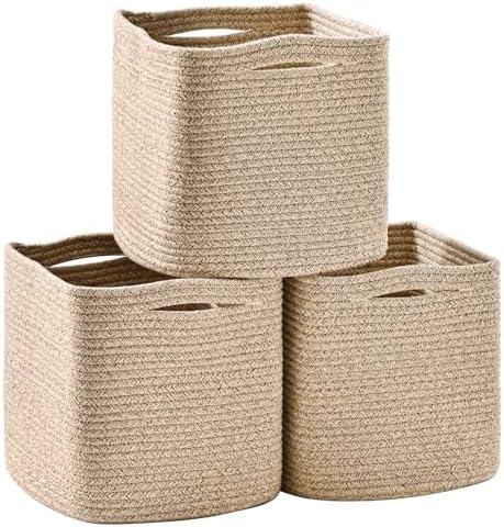 ICERZCZ 11 Inch Cube Storage Bins, Woven Baskets, Mixed Brown, Pack of 3 | Cube Organizer Bin, Cotton Rope Basket for Storage Organizing Shelves, Square Baskets for Toys Books Nursery Bathroom
