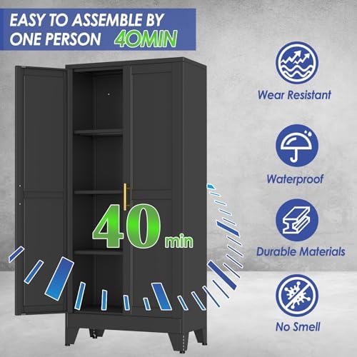 61" Metal Garage Storage Cabinet with 2 Doors and 3 Adjustable Shelves,Metal Storage Cabinets,Steel Tool Cabinets for Home,Office,Garage,Warehouse (Black, 61''H x 27''W x 14''D)