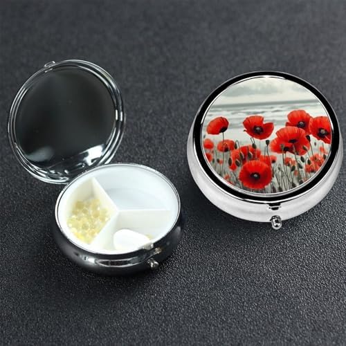 Pill Box 3 Compartment Medicine Pill Case for Pocket or Purse Mini Metal Pillcase Red Poppy Flower Pill Holder Vitamin Organizer Portable Travel Pills Container to Hold Supplements Vitamins