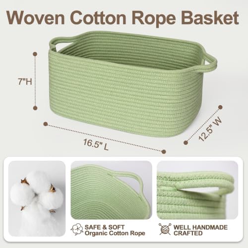 Large Green Woven Basket, 16.5" x 12.5" x 7" Empty Gift Basket, Big Cotton Rope Storage Bin for Gifts, Clothes, Towels, Books, Dog Toy Bin Box, Baby Nursery Organizer, Sage Green Room Decor
