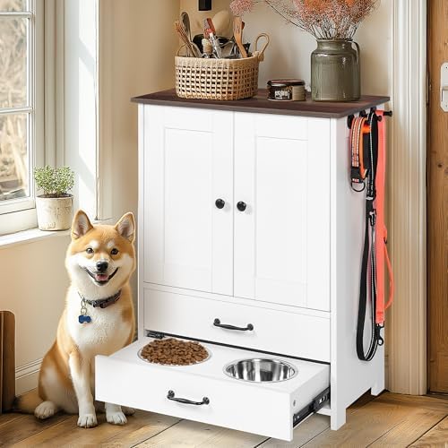 Dog Feeding Station with Double Door Locker, 2 Dog Bowls, 3 Hooks, Dog Food Storage Cabinet, Cat Feeding Dtation, Space-Saving Pet Food Storage Organizer for Indoor Outdoor, White