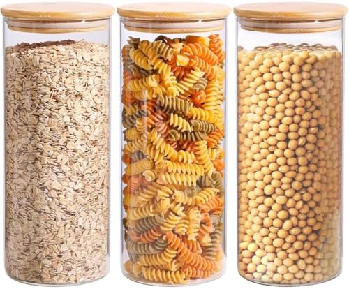 ComSaf Glass Storage Containers with Lids 1.7 Qt, 3 Pack Glass Storage Jars | Glass Containers with Bamboo lids, Glass Canisters 54oz, Kitchen Cabinet Storage, Tea, Spice, Coffee, Oat, Dry Food, BPA Free