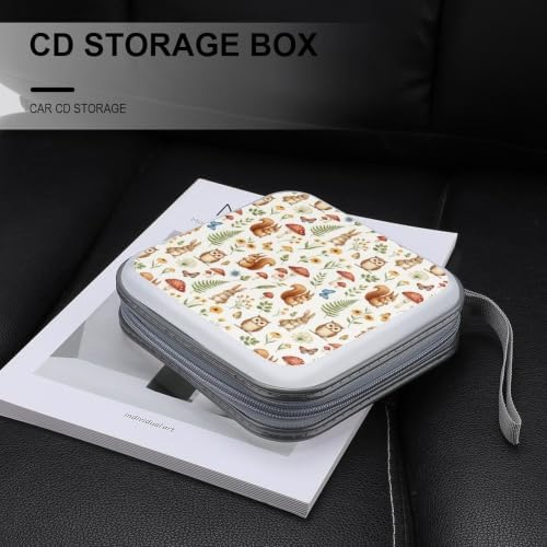 40 Capacity CD Case Holder Squirrel Mushroom Disc Wallet Organizer Binder | Portable Zipper DVD Storage with Strap for Car Office Home Travel, Hard Plastic, Cute Squirrel Owl Mushroom