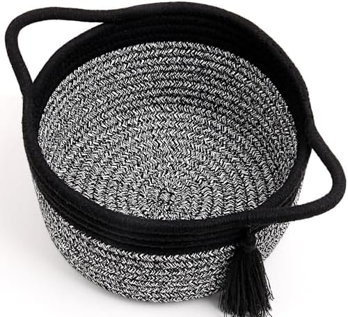 Small Gift Basket Empty to Fill, Gift Bag & Ribbon, Black Gray | Cute Decorative Mini Woven Rope Basket with Handles for Gifting; Reusable for Bathroom Counter or Desk Catchall, 8 x 4.7 in