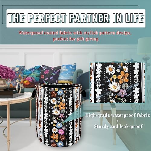 Boho Flowers Laundry Basket Oxford Cloth Foldable Hamper 18.9x16.5 Inch