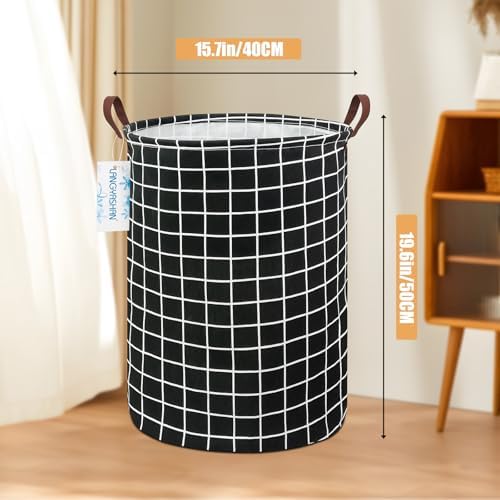 Round Laundry Basket Collapsible Storage Hamper Organizer Black Grid | Waterproof Canvas Foldable Baskets with sturdy Handles Multi-scene Organizer for Home Play Bedroom Gift Bin