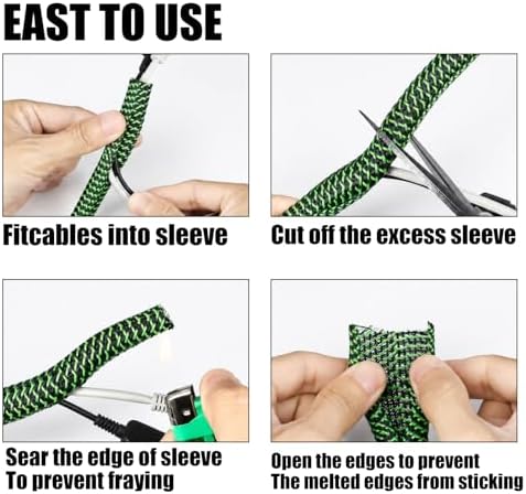 PET Braided Cable Sleeve Wire Protector Cable wrap Wire Covers for Cords Cable Sleeves Cord Management Cable Management Sleeve (25 Feet, Green Black, 25mm(1 inch))