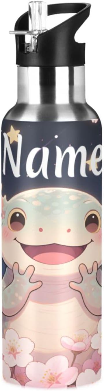 Custom Name Axolotl Cherry Blossom Water Bottle with Straw Lid Kids Insulated Stainless Steel Water Flask Sports, 20 Oz Hot Cold