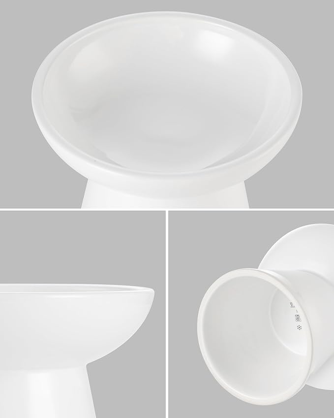 vancasso Elevated Cat Food Bowls 2-Pack, 6.2" Wide Shallow Cat Feeding Bowl for Whisker Fatigue, 5.1" Height Ceramic Raised Food Bowls for Senior Cats, Anti Vomit, White
