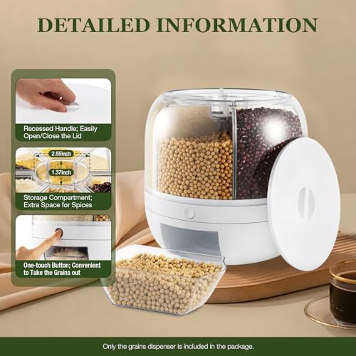 Grain Dispenser 360° Rotating Rice Dispenser 6 Grids Container Round Multigrain Grain Storage Tank for Home Kitchen Dry Food Dispenser for Peanut,Barley,Millet and Cereal