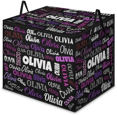 Custom Name Storage Bin with Lid, Personalized XL Storage Basket with Handles Zippers for Organizing Comforters, Blankets, Bedding Closet Shelf Baskets, Solid Black Background