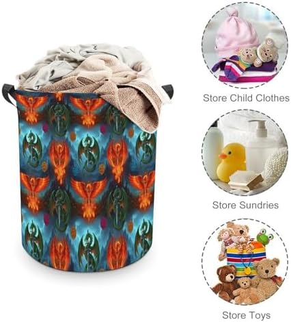 Foldable Laundry Basket with Handles Flame Dragon Phoenix Western Myth, Waterproof Storage Hamper for Clothes, Toys, and Towels in Bedroom and Bathroom