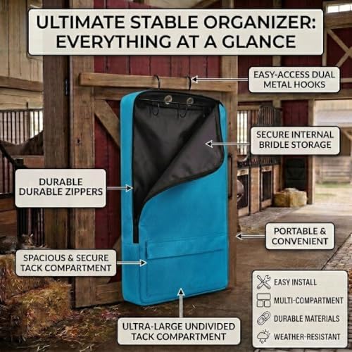 Hanging Horse Bridle Bag, Tack Storage Organizer with Hooks, Blue | Hanging bridle bag, horse tack carry case, halter storage organizer, barn equipment container, equestrian travel pack