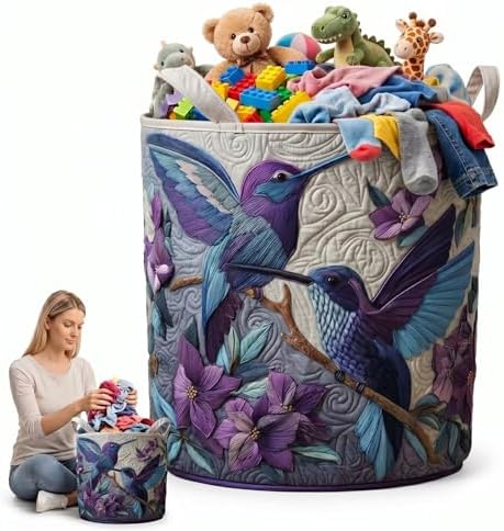 Large Quilted Laundry Basket with Handles, Farmhouse Boho Fabric Storage Basket, Multi-functional Clothes Organizer, Lightweight Foldable Design(16" x 22")