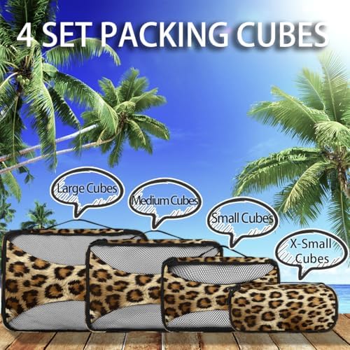 Leopard Print 4 Set Packing Cubes Luggage Organizer Bags for Travel Accessories and Essentials, Cheetah Wild Safari