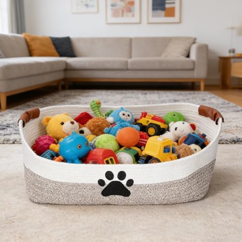 Woven Dog Toy Basket Large 100% Cotton Rope Basket for Dog Cats Toys Dog Toys Box for Living Room Area-Trapezoid Dog Toys Bin-Nursery Gift for Pet Toys,Collar,Leash,Blanket,Clothes-Brown