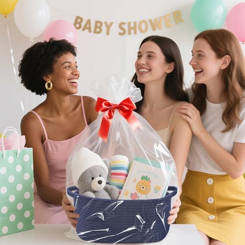 Woven Basket with Gift Bags and Ribbons, 14"X 10" X 6" Storage Basket Blue | Gift Storage Organizer Basket Bin Shelf Shelves Cotton Rope Basket for Nursery, Pet Toys