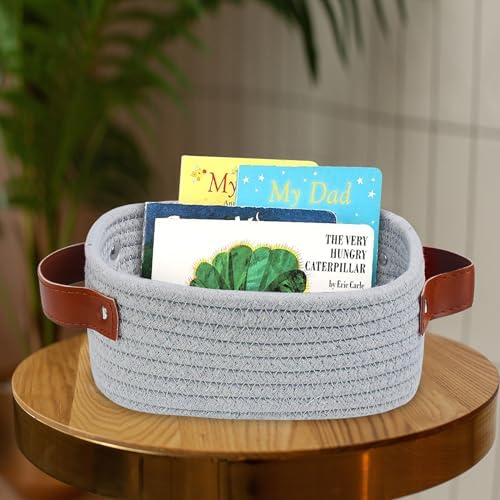 ABenkle Small Storage Basket, Mini Rope Woven Baskets, Cute Shelf Closet Storage Organizer, Boho Decorative Toy Bin for Nursery, Living Room, Spa, Empty Gift Basket - XS,Grey