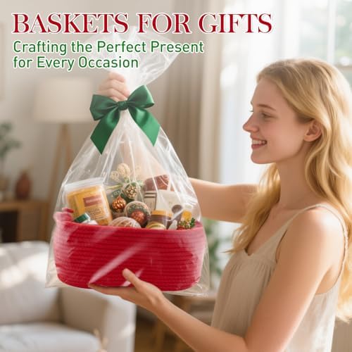 Woven Basket with Gift Bags and Ribbons, 14"X 10" X 6" Storage Basket Red | Gift Storage Organizer Basket Bin Shelf Shelves Cotton Rope Basket for Nursery, Pet Toys