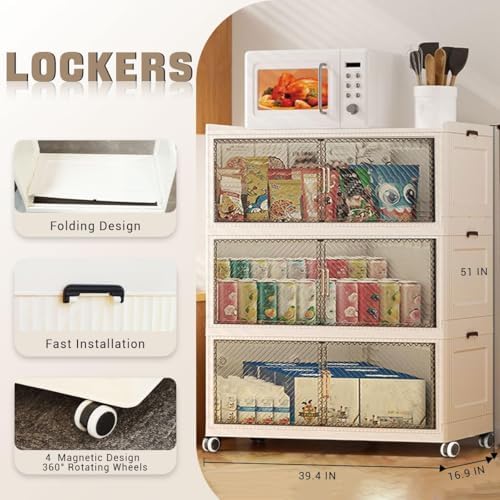 Stackable Storage Bins with Lid,147Gal Closet Organizers and Plastic Cabinets Shelves, Collapsible Drawers with PET Clear Doors, Foldable Boxes with Wheels for Home Office, 3Pack (590QT)