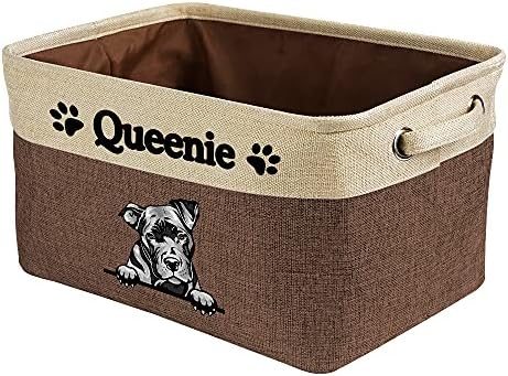 Personalized Fabric Dog Toy Storage Basket with Lovely Dog Pit Bull Collapsible Sturdy Fabric Pet Toys Storage Bin Cube with Handles for Organizing, Brown and White