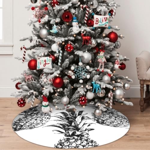 Christmas Tree Skirt, Soft Polyester Xmas Tree Skirts with Ribbon Ties, Rustic Farmhouse Holiday Party Decorations Ineapple Artistic Hand Drawn Tropical Theme Vintage Style Pineapple Fruit 36"