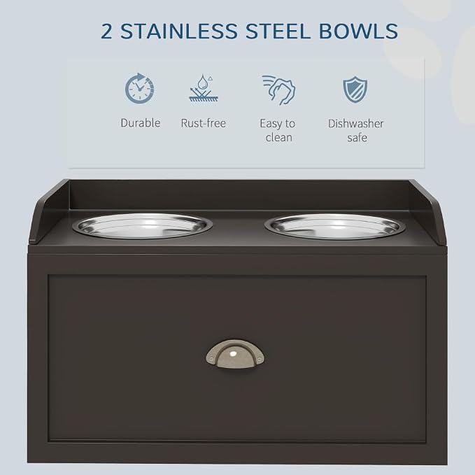 Elevated Dog Feeding Station with Storage Drawer and 2 Stainless Steel Bowls for Large Dogs, Coffee Finish MDF Pet Food Organizer