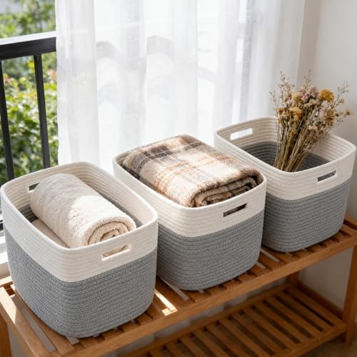 3 Pack Woven Baskets,Storage Baskets for Shelves with Handles | 13.5"×11"×9.5", Closet Baskets, Nursery Organizer for Toys Towels Books, Storage Bin for Living Room Bedroom (White & Grey)