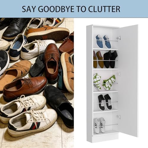 Shoe Cabinet with Mirror Modern Black Mirrored Shoe Storage Cabinet 67" Tall 5-Tier Shelves Narrow Shoe Storage Cabinet for Entryway Space Saving Furniture (Floor-Standing, White)