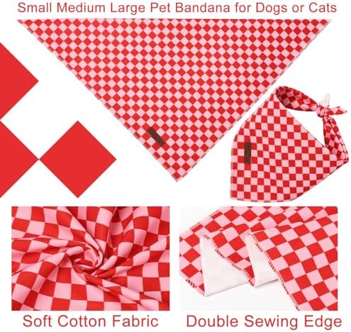 Red and Pink Plaid Dog Bandana–Red and Pink Checked Triangle Scarf for Small Medium Large Dogs, Soft Cotton Pet Bib for Dogs, Adjustable Dog Kerchief