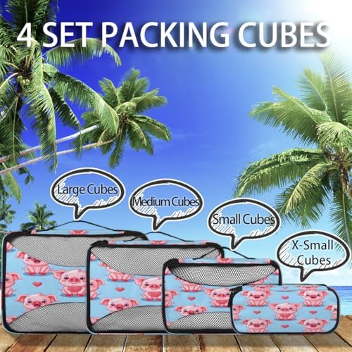 Kawaii Pig 4 Set Packing Cubes Luggage Organizer Bags for Travel Accessories and Essentials, Cartoon Pig