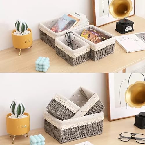 Wicker Baskets for Organizing,Natural Paper Rope Large Small Basket Set with Liner,Hand Woven Pantry Organizer & Storage for Women Girls Bathroom Living Room School Desk Shelves Décor(3 Pack Grey)