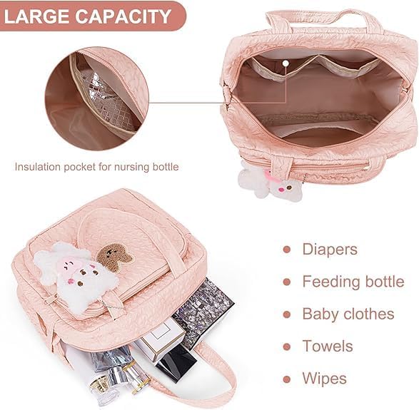 Lushandy Baby Diaper Bag Tote, Mom Bag Crossbody Diaper Bags Baby Travel Bags for Girl Pañaleras Para Bebe (Pink, Large)