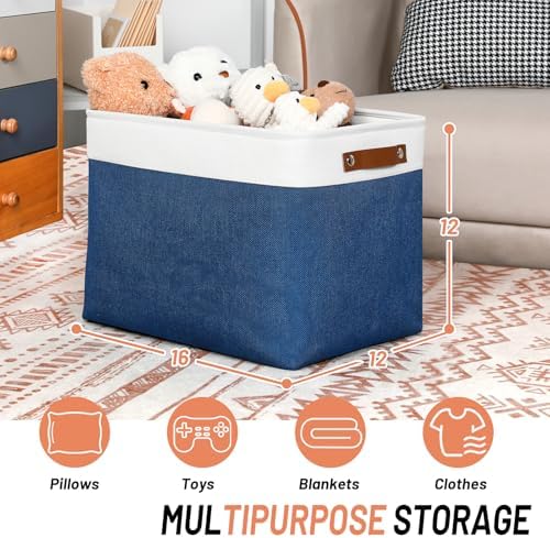 DULLEMELO Large Storage Baskets, Fabric Storage Bins for Organizing Foldable Linen Shelf Baskets for Clothes, Toys, Closet, Laundry (White&Blue,16"x12"x12"-1 Pack)