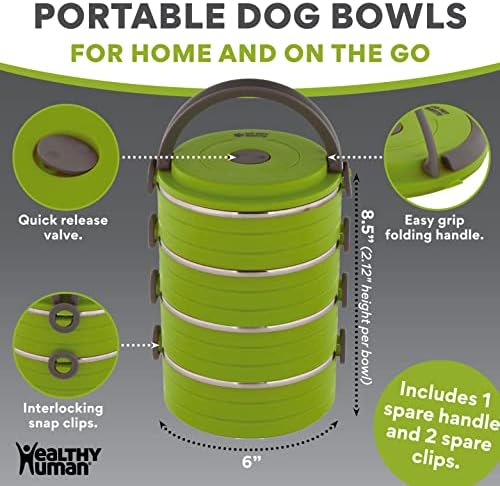 Healthy Human Travel Pet Bento Bowls - Human-Grade Stainless Steel & BPA-Free, Leak-Proof Water & Food Container Set for Dogs & Cats, 4-Pack Interlocking Bowls, Includes Spare Clips & Handle (Green)