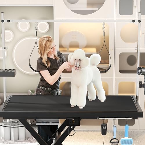 50 Inch Electric Dog Grooming Table, Heavy Duty Upgrade Extra Large Pet Grooming Tables with Overhead Arms, 2 Nooses & Tool Organizer, Height Adjustable Grooming Table for Home, Black
