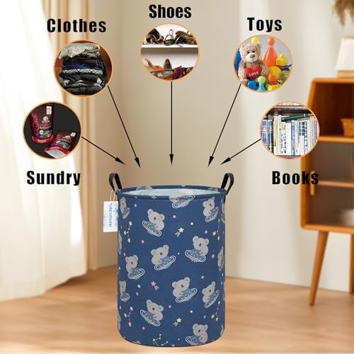 Round Laundry Basket Collapsible Storage Hamper Organizer Space Koala | Waterproof Canvas Foldable Baskets with sturdy Handles Multi-scene Organizer for Home Play Bedroom Gift Bin