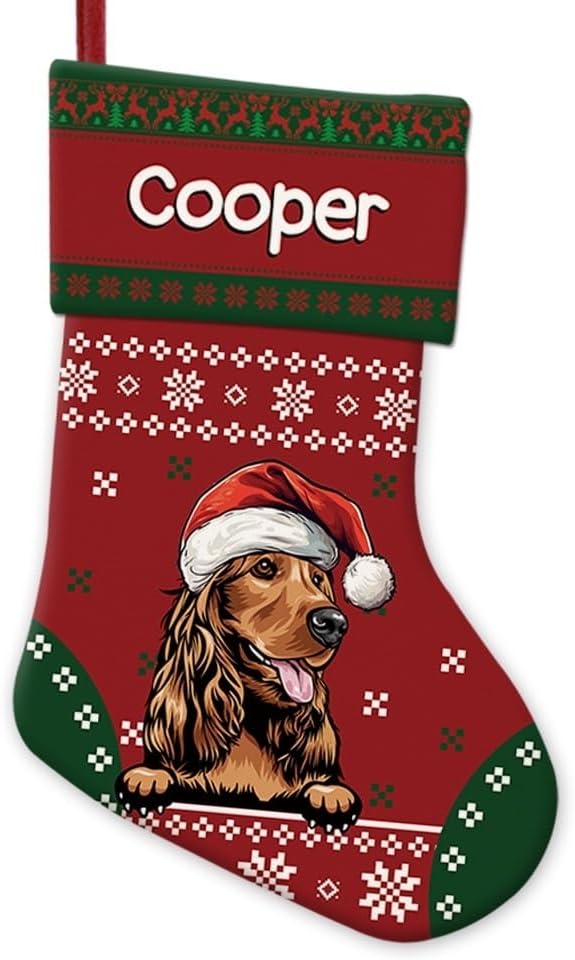 Personalized Christmas Stocking Funny Cocker Spaniel Dog Red Christmas Snowflake Xmas Holiday Stocking Fireplace Home Decor 14"