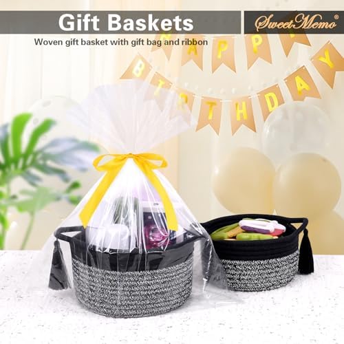 Small Gift Basket Empty to Fill, Gift Bag & Ribbon, Black Gray | Cute Decorative Mini Woven Rope Basket with Handles for Gifting; Reusable for Bathroom Counter or Desk Catchall, 8 x 4.7 in