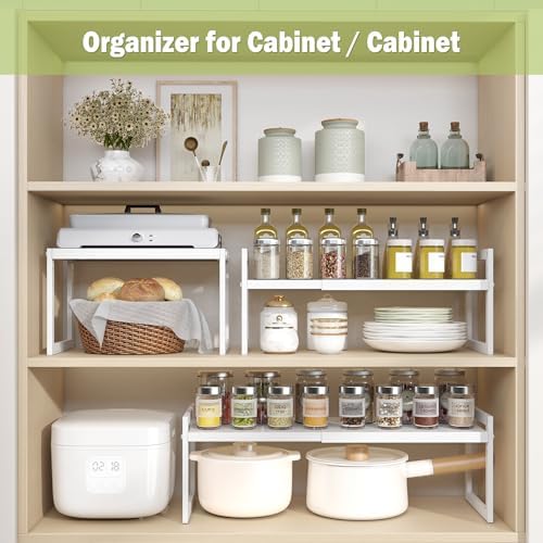 Expandable Cabinet Shelf Organizer, Stackable Kitchen Counter Shelf, White | Space Saving Metal Pantry Storage Racks for Kitchen Spice Rack Pans and Untensils Bathroom Office Organization, 1-Tier