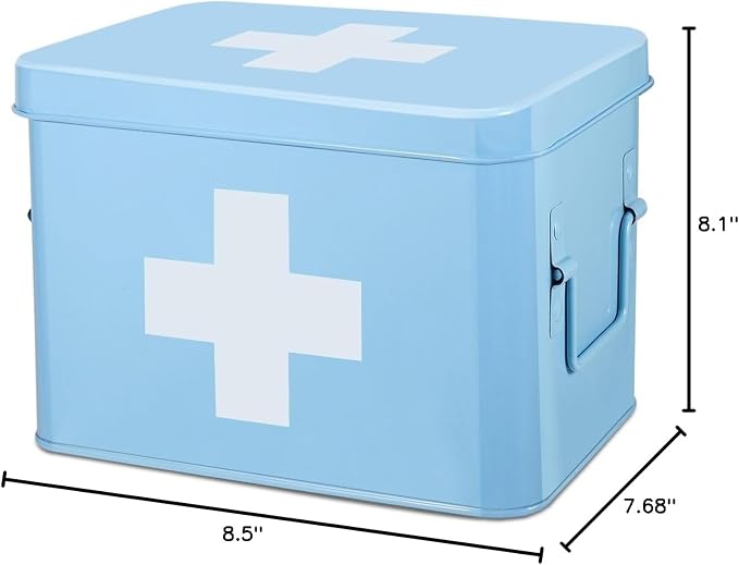Flexzion Large Metal First Aid Box Empty, 8.5-Inch, Blue with White Cross | Vintage Medicine Box and First Aid Storage Organizer with Removable Tray and Dividers; Empty Box Only, Supplies Not Included