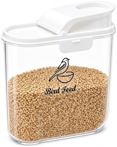 Bird Seed Storage Container,2.1 Qt/2L Bird Food Container with Pour Spout | Bird Food Storage Container with Scale for Sunflower Seeds, Portable Travel Kibble Storage Dispenser for Small Animal, White