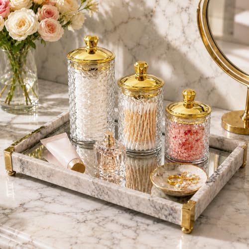 3-Pack Clear Acrylic Diamond-Cut Storage Jars with Gold Lids – Airtight Containers for Kitchen, Bathroom & Home Organization – Versatile Jars for Cotton Pads, Bath Salts & Snacks