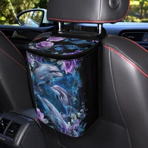 DISNIMO Blossom Dolphin Car Trash Can with Lid Collapsible Reusable Car Garage Bag Trash Bin, Automotive Garbage Can,Car Accessories Interior Car Organizer, Black